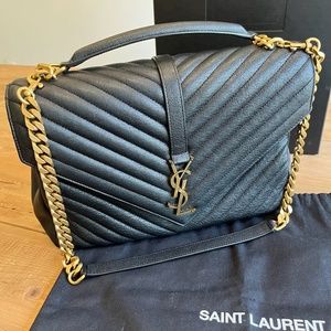 Saint Laurent YSL College College Large Chain Bag In Quilted Leather Black Gold